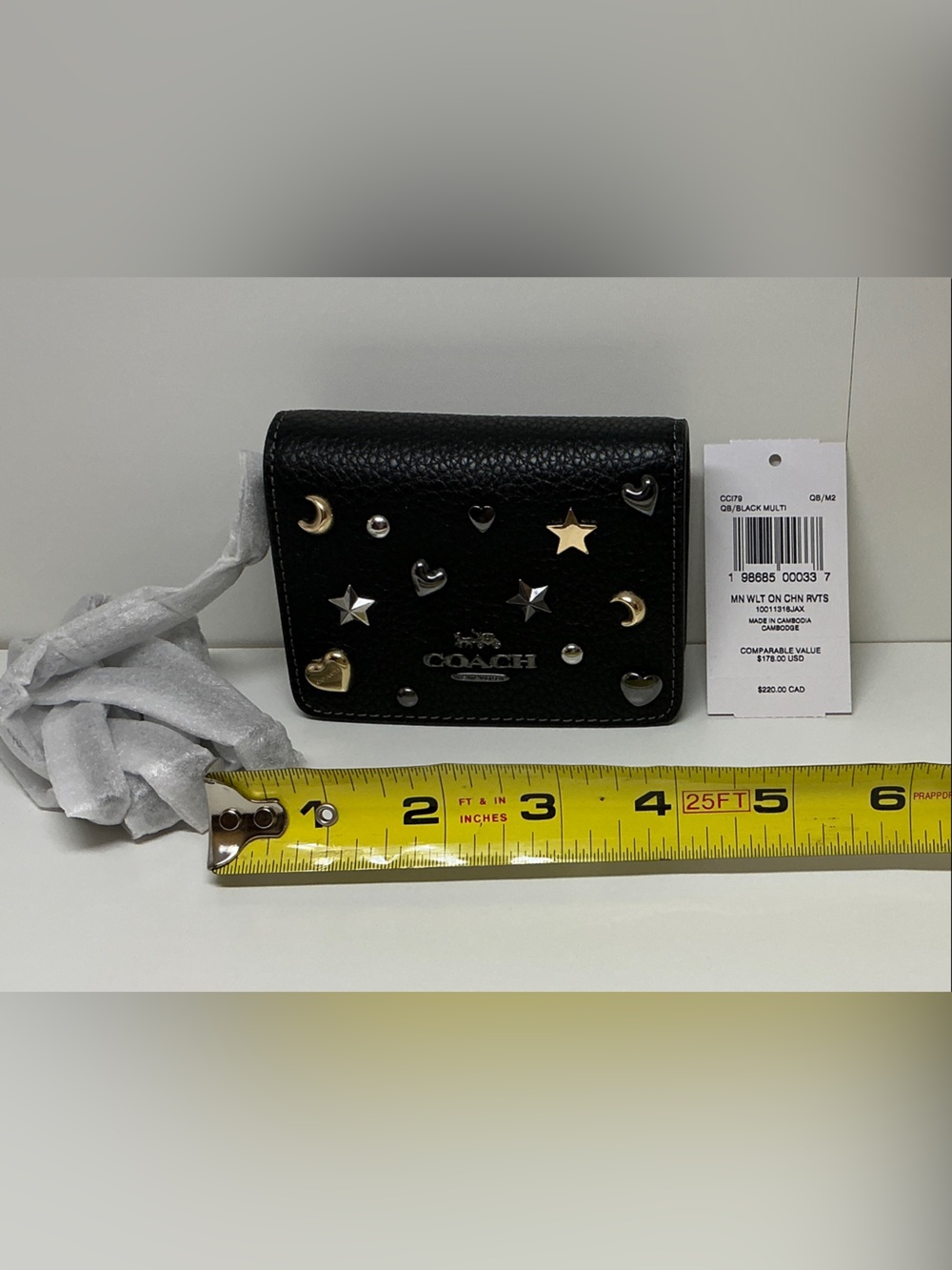 Coach Black Leather Studded Card Holder with Rivets - Mixed Metal Accents